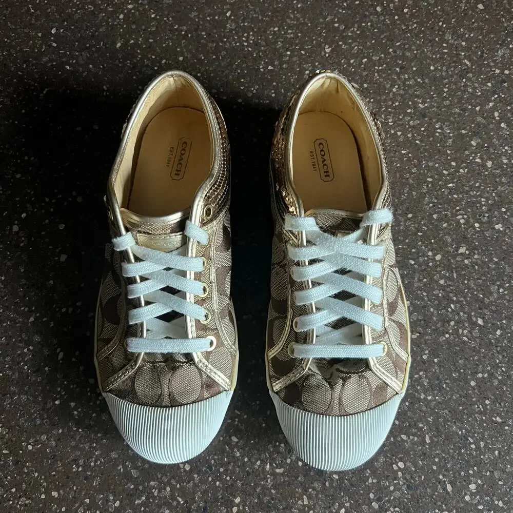 VTG COACH ZORRA GOLD SEQUINED SIGNATURE CANVAS TENNIS SHOES SNEAKERSUS 9